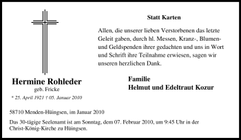 Traueranzeige von Hermine Rohleder von Tageszeitung