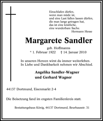 Traueranzeige von Margarete Sandler von Tageszeitung