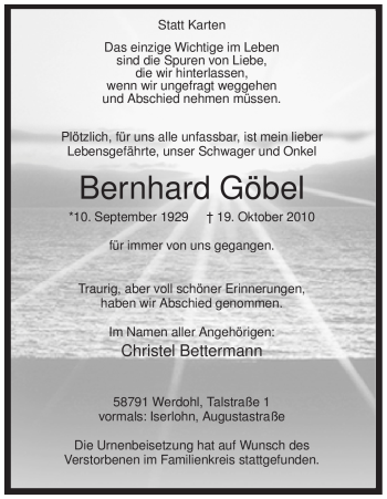 Traueranzeige von Bernhard Göbel von Tageszeitung
