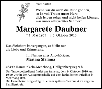 Traueranzeige von Margarete Daubner von Tageszeitung