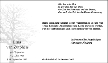 Traueranzeige von Erna van Zütphen von Tageszeitung