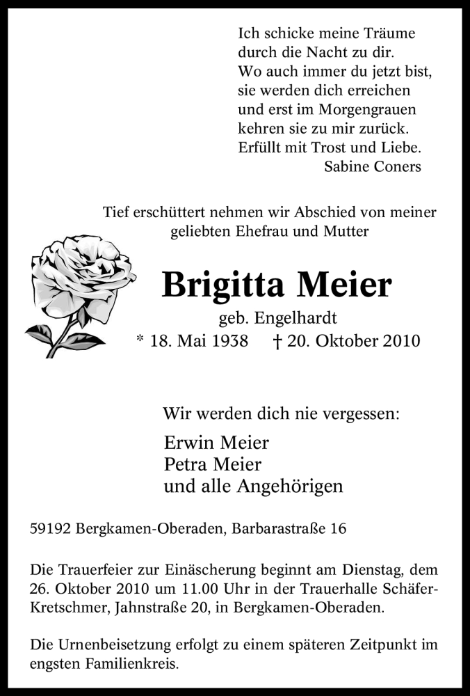  Traueranzeige für Brigitta Meier vom 22.10.2010 aus Tageszeitung