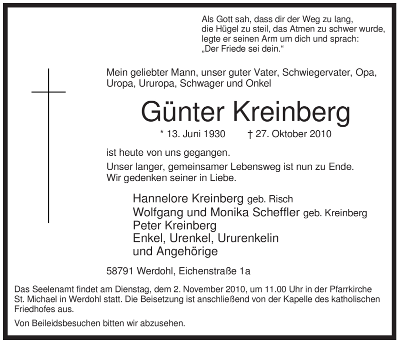  Traueranzeige für Günter Kreinberg vom 29.10.2010 aus Tageszeitung