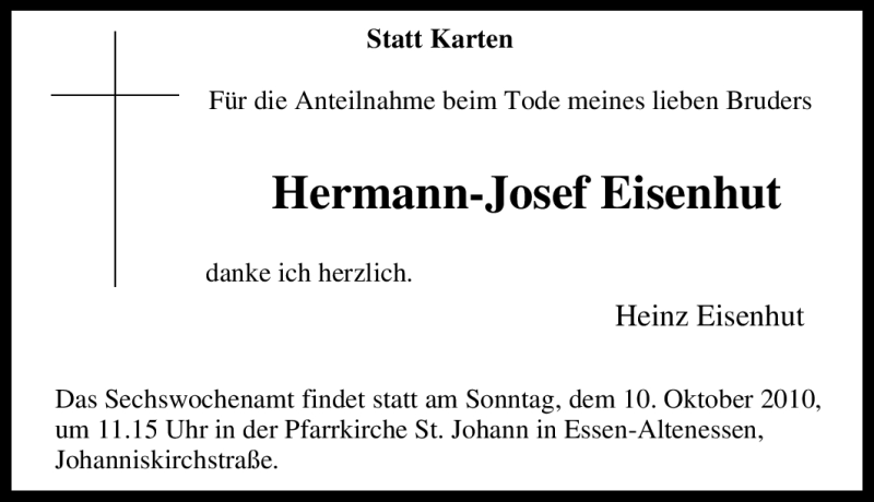  Traueranzeige für Hermann-Josef Eisenhut vom 02.10.2010 aus Tageszeitung