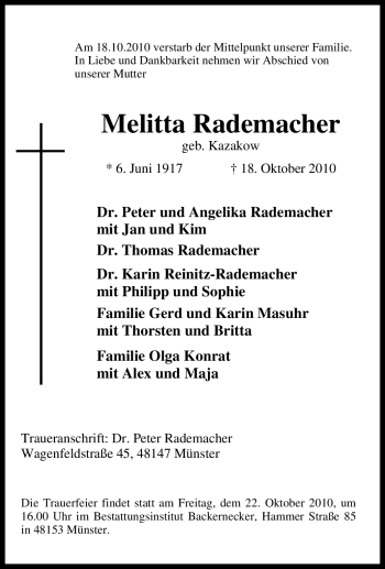 Traueranzeige von Melitta Rademacher von Tageszeitung