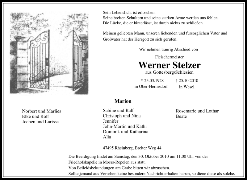  Traueranzeige für Werner Stelzer vom 27.10.2010 aus Tageszeitung