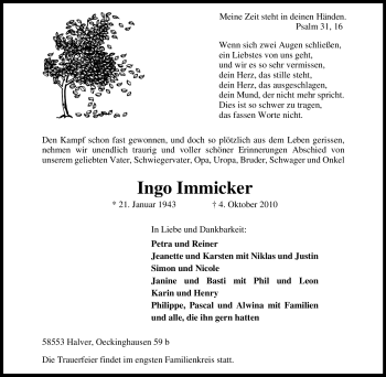 Traueranzeige von Ingo Immicker von Tageszeitung