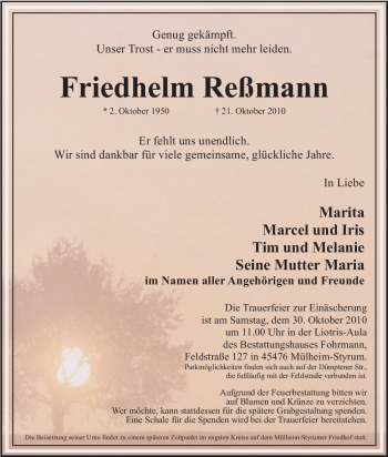 Traueranzeige von Friedhelm Reßmann von Tageszeitung