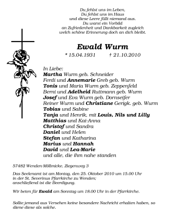 Traueranzeige von Ewald Wurm von Tageszeitung