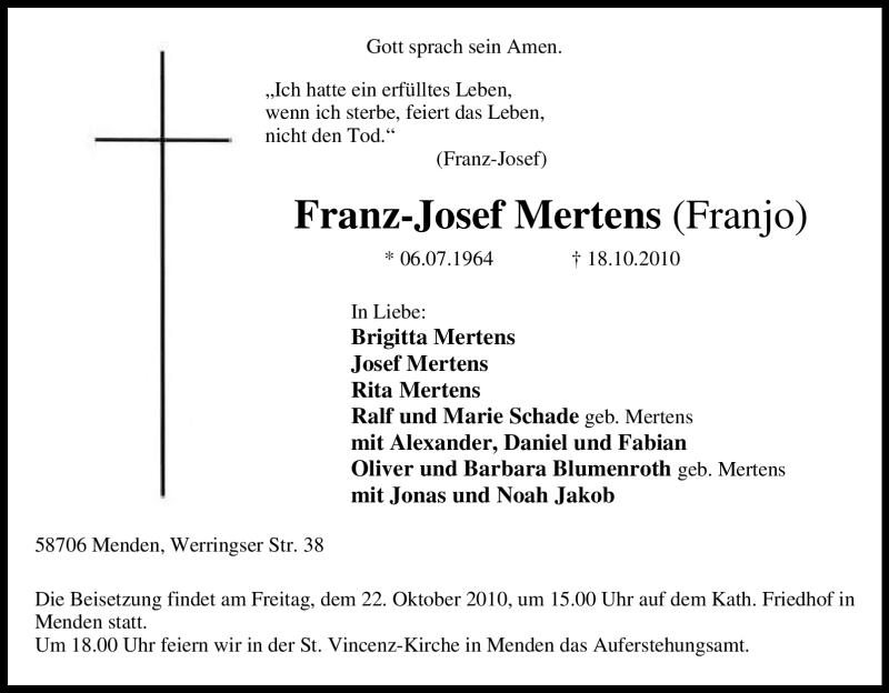  Traueranzeige für Franz-Josef Mertens vom 20.10.2010 aus Tageszeitung