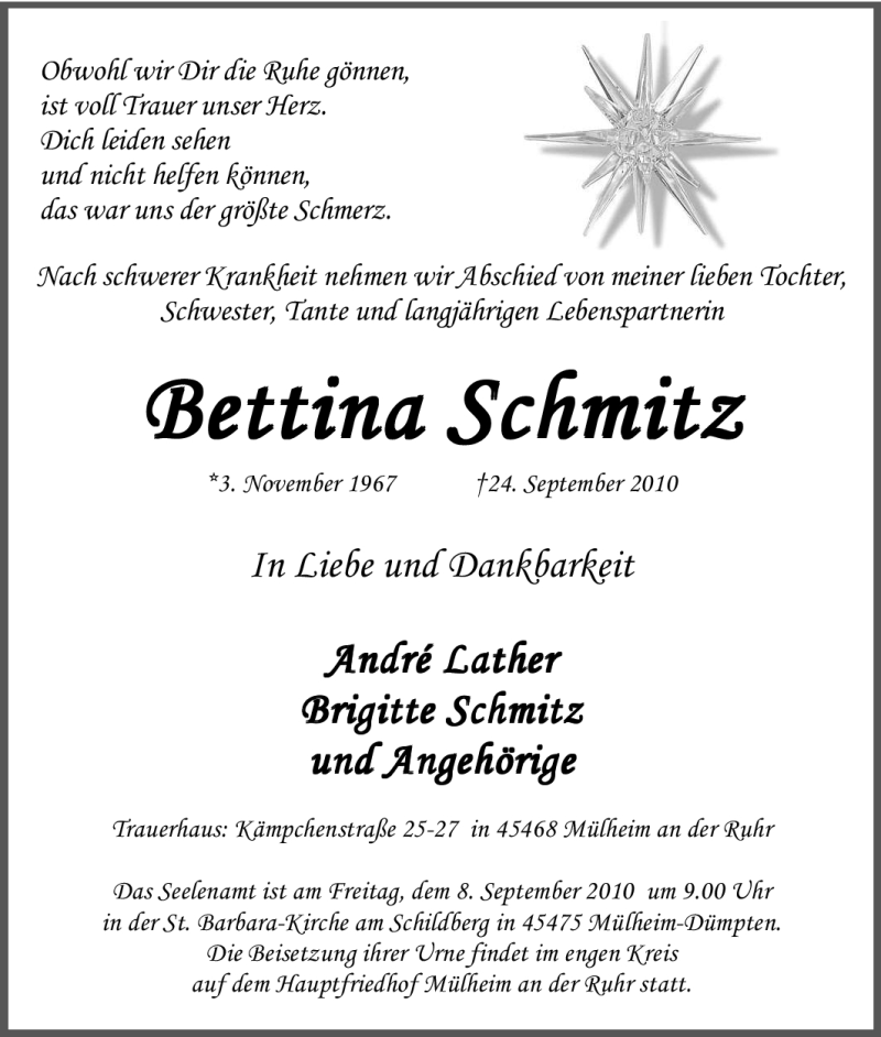  Traueranzeige für Bettina Schmitz vom 07.10.2010 aus Tageszeitung