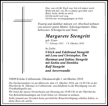 Traueranzeige von Margarete Stengritt von Tageszeitung