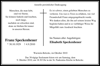 Traueranzeige von Franz Speckenheuer von Tageszeitung
