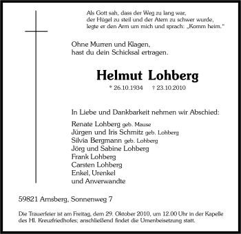 Traueranzeige von Helmut Lohberg von Tageszeitung