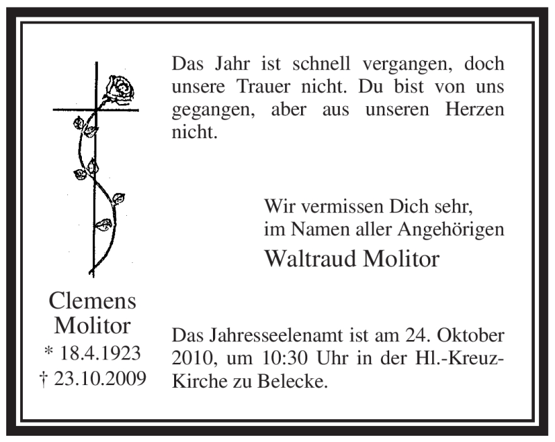  Traueranzeige für Clemens Molitor vom 23.10.2010 aus Tageszeitung