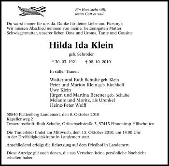 Traueranzeige von Hilda Ida Klein von Tageszeitung