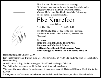 Traueranzeige von Else Kranefoer von Tageszeitung