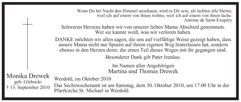  Traueranzeige für Monika Drewek vom 23.10.2010 aus Tageszeitung