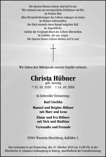 Traueranzeige von Christa Hübner von Tageszeitung