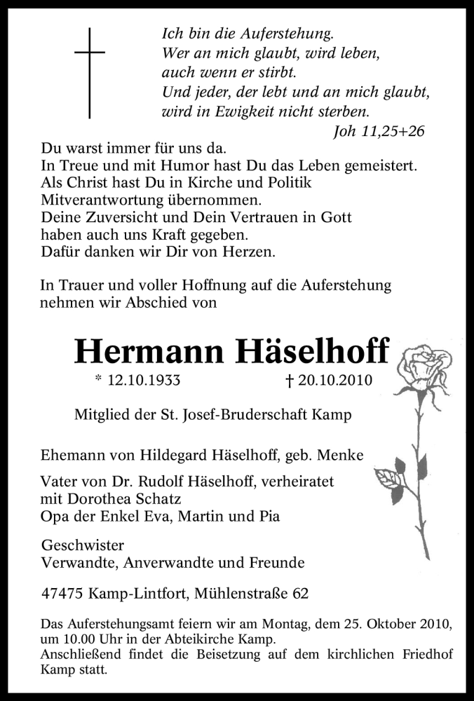  Traueranzeige für Hermann Häselhoff vom 22.10.2010 aus Tageszeitung