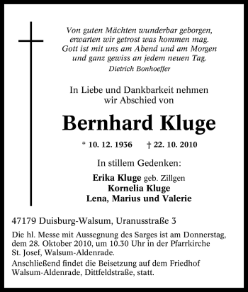 Traueranzeige von Bernhard Kluge von Tageszeitung