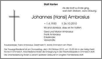 Traueranzeige von Johannes Ambrosius von Tageszeitung