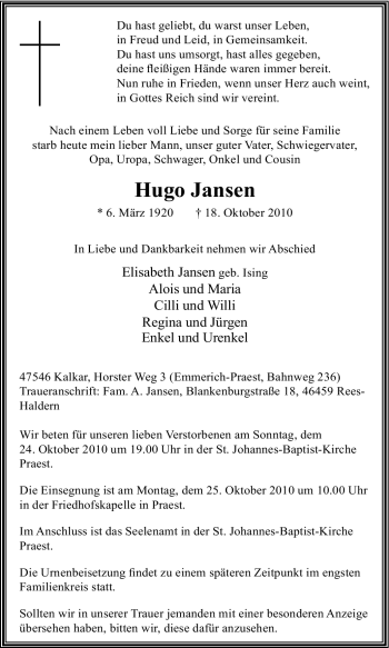 Traueranzeige von Hugo Jansen von Tageszeitung