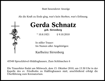 Traueranzeige von Gerda Schnatz von Tageszeitung