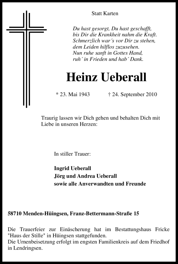  Traueranzeige für Heinz Ueberall vom 02.10.2010 aus Tageszeitung