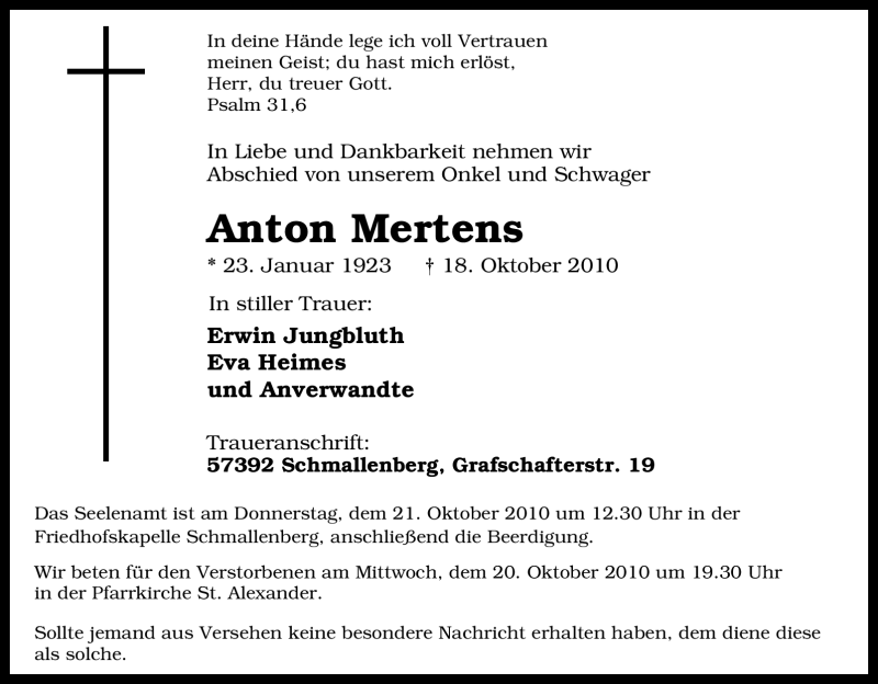  Traueranzeige für Anton Mertens vom 20.10.2010 aus Tageszeitung