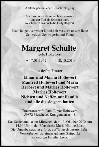 Traueranzeige von Margret Schulte von Tageszeitung