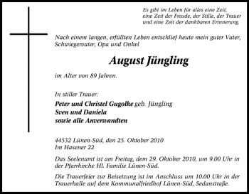 Traueranzeige von August Jüngling von Tageszeitung