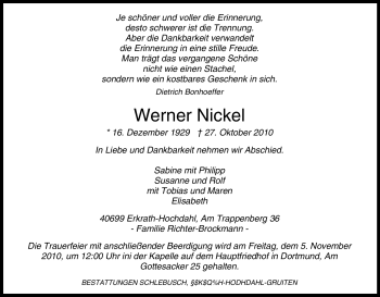 Traueranzeige von Werner Nickel von Tageszeitung