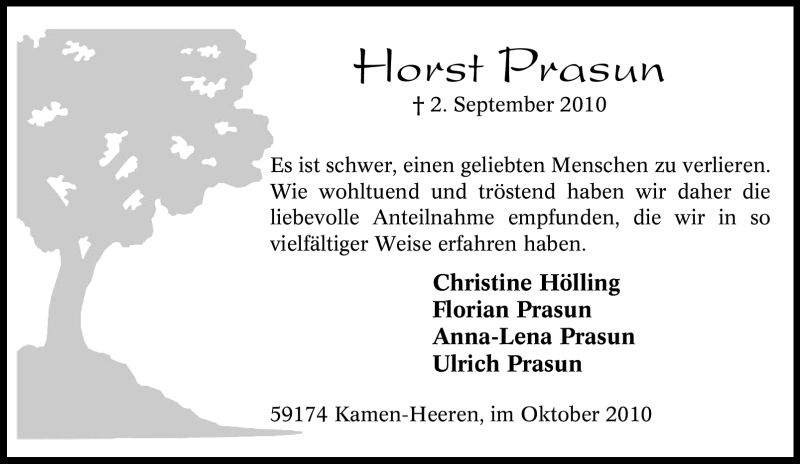  Traueranzeige für Horst Prasun vom 02.10.2010 aus Tageszeitung