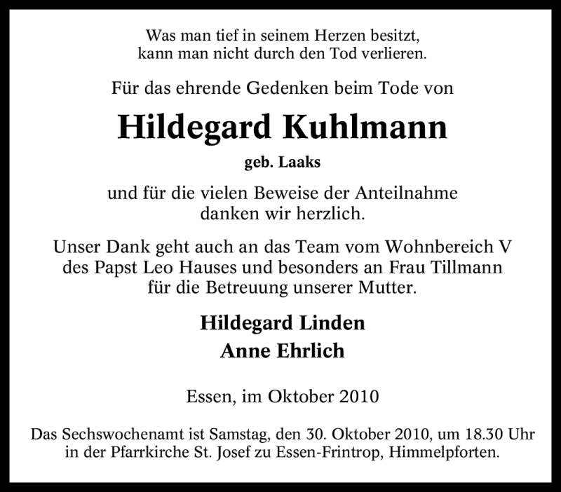  Traueranzeige für Hildegard Kuhlmann vom 21.10.2010 aus Tageszeitung