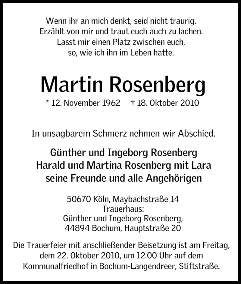  Traueranzeige für Martin Rosenberg vom 21.10.2010 aus Tageszeitung