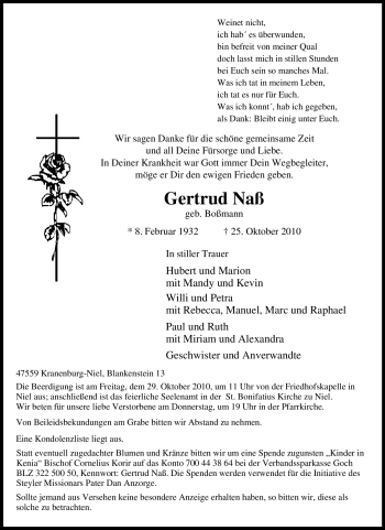 Traueranzeige von Gertrud Naß von Tageszeitung