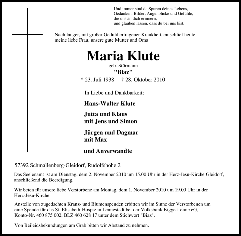  Traueranzeige für Maria Klute vom 30.10.2010 aus Tageszeitung