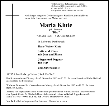 Traueranzeige von Maria Klute von Tageszeitung