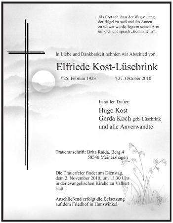 Traueranzeige von Elfriede Kost-Lüsebrink von Tageszeitung