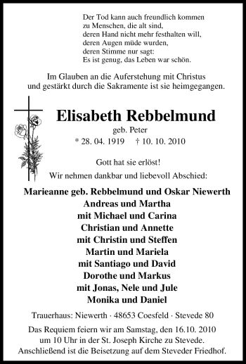 Traueranzeige von Elisabeth Rebbelmund von Tageszeitung