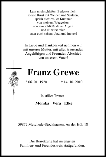 Traueranzeige von Franz Grewe von Tageszeitung
