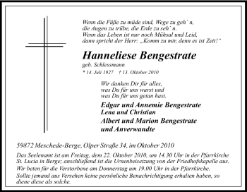 Traueranzeige von Hanneliese Bengestrate von Tageszeitung