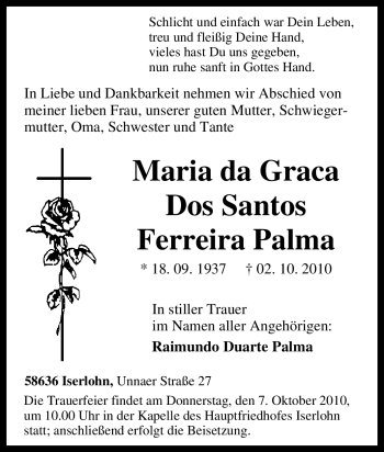 Traueranzeige von Maria da Graca Dos Santos Ferreira Palma von Tageszeitung