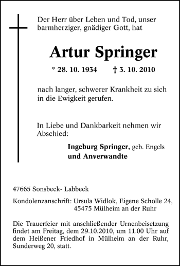 Traueranzeige von Artur Springer von Tageszeitung