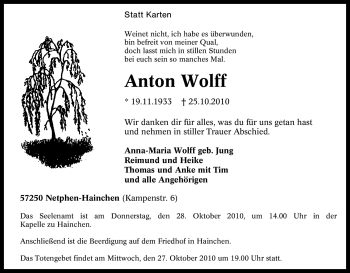 Traueranzeige von Anton Wolff von Tageszeitung