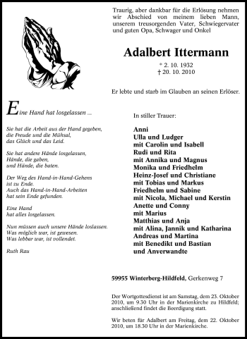 Traueranzeige von Adalbert Ittermann von Tageszeitung