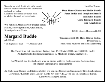 Traueranzeige von Margard Budde von Tageszeitung