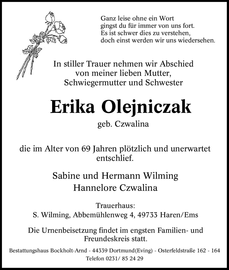  Traueranzeige für Erika Olejniczak vom 02.10.2010 aus Tageszeitung
