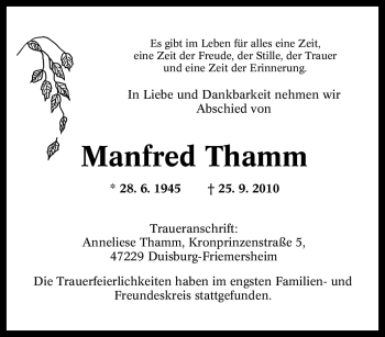 Traueranzeige von Manfred Thamm von Tageszeitung